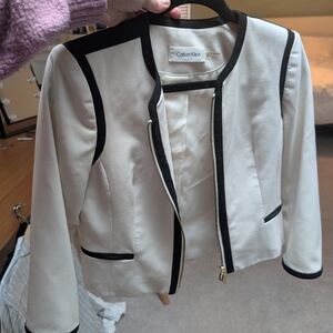 Calvin Klein Ivory Jacket with Black Trim Zip Front Blazer